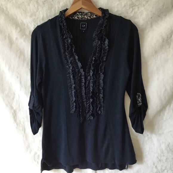1.9 one September Tops - Chic Navy Blue V-Neck Top with Ruffle Detail
